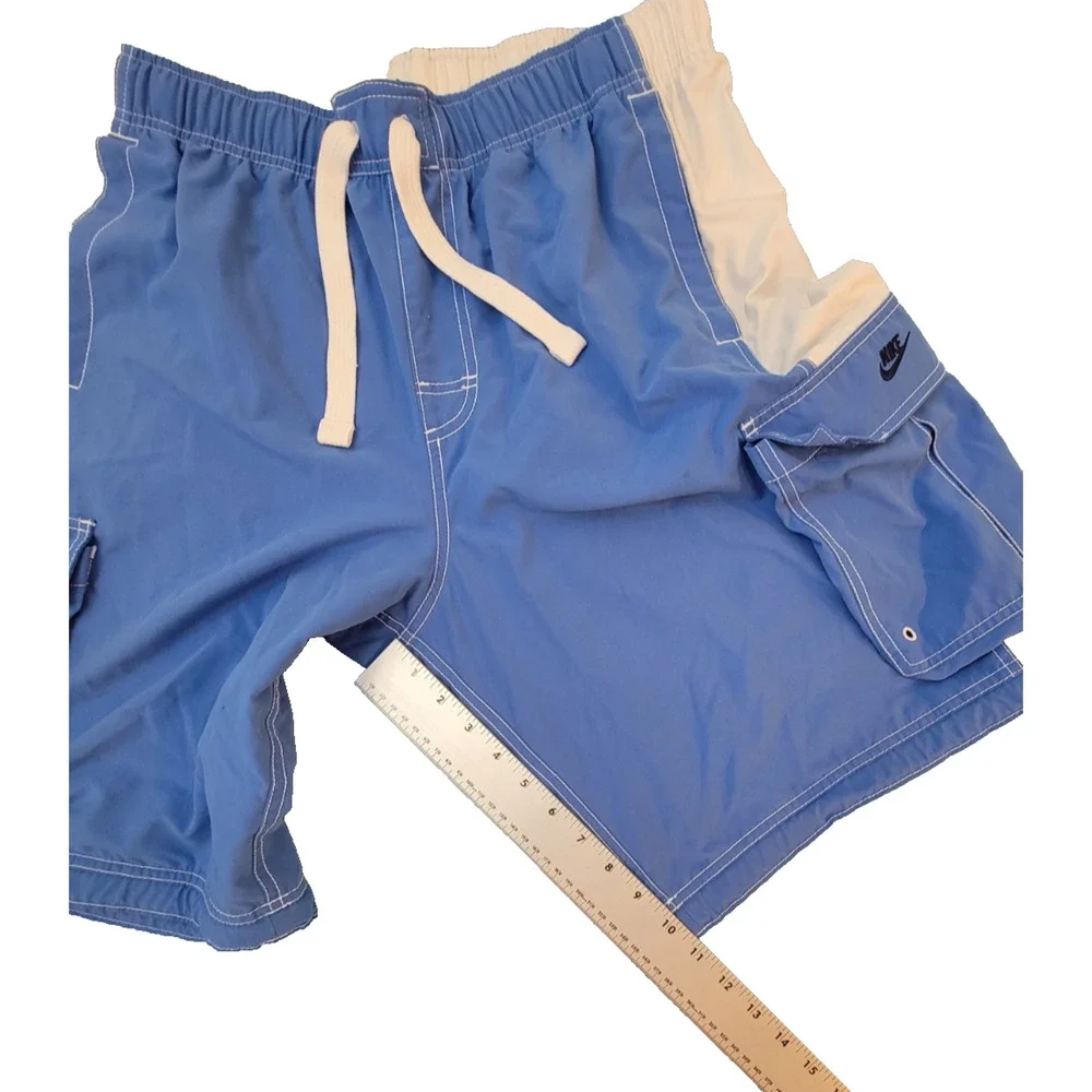 Nike Swim Shorts XXL Blue White Cargo Pocket Drawstring Unlined Beach Board